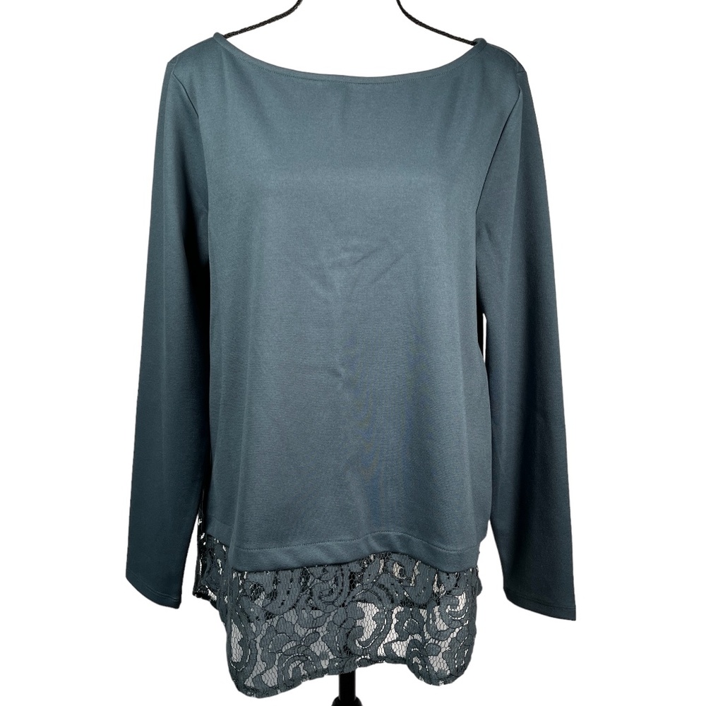 🆕 Ann Taylor Women's Blue Knit Top Long Sleeve Pullover Lace Hem Stretch Tunic